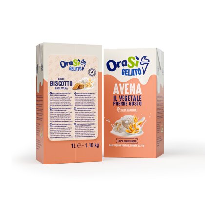Két OraSì Gelato karton, Biscotto és Avena zabalapú ízek, egyenként 1L, fagylaltgombóc-ábrával a csomagoláson.