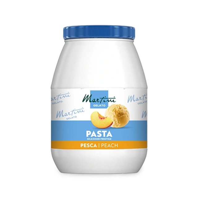 Fehér műanyag doboz kék tetővel, "Martini Gelato Pasta Selezione Prestige Pesca" felirattal, őszibarack szelettel