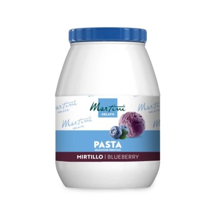 Fehér műanyag doboz kék fedéllel, Martini Gelato Pasta Mirtillo felirattal, áfonyás fagylalt gombóccal