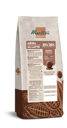 Álló zacskó Martini Ariba tejcsokoládé korongokkal, 32% kakaó, barna kakaóbab mintás csomagoláson