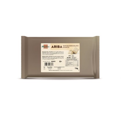 1kg-os Marchesi Ariba fehér csokoládé tömb, bézs csomagolás tápértéktáblázattal.