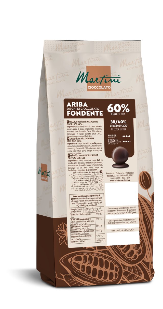 Barna csomagolású Martini Ariba Fondente 60% étcsokoládé korongok kakaóbab illusztrációkkal és tápértéktáblázattal.