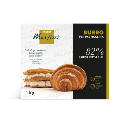 Master Martini cukrászvaj 1kg, 82% zsírtartalom, croissant-tal és rétegelt leveles tésztával, krémmel töltve.