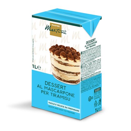 1L-es Master Martini mascarpone desszertkeverék tiramisuhoz, kék csomagoláson tiramisu fotóval.