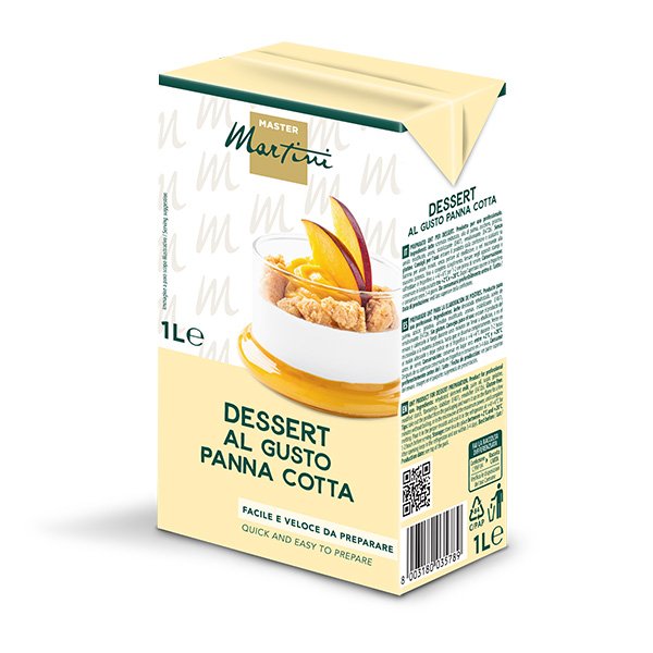 1L-es Master Martini panna cotta ízű desszertkeverék, pohárban tálalva őszibarack szeletekkel.