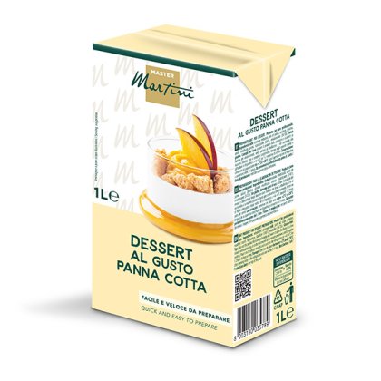 1L-es Master Martini panna cotta ízű desszertkeverék, pohárban tálalva őszibarack szeletekkel.