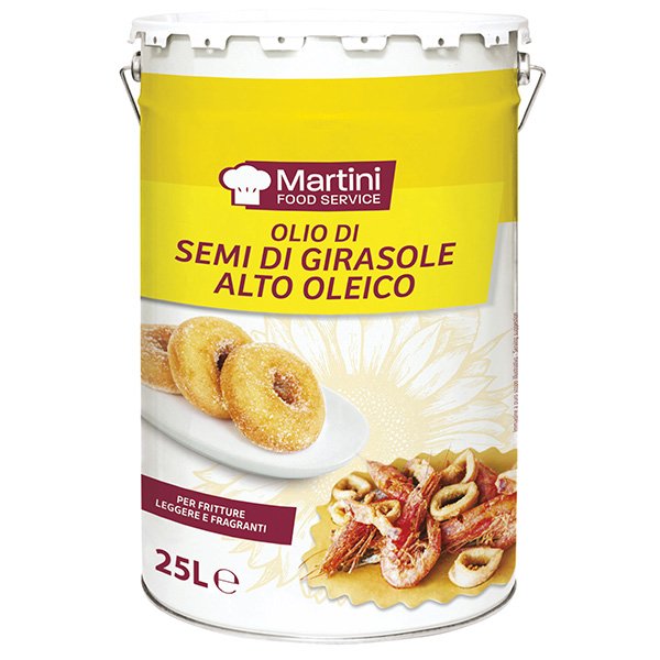 25L-es fémdoboz Martini Food Service magas olajsavtartalmú napraforgóolaj, sütéshez, fánkkal és sült tenger gyümölcse...