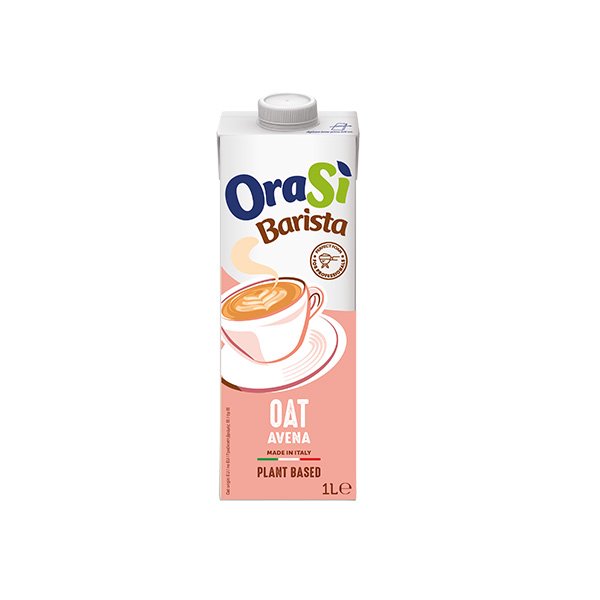 1 literes OraSì Barista zabital, növényi, olasz gyártmány, kávéscsésze illusztrációval, rózsaszín csomagoláson.