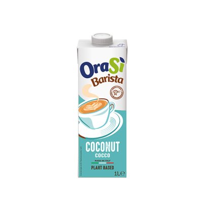 1 literes OraSì Barista Coconut növényi ital, türkiz csomagolás latte csésze ábrával, olasz termék.