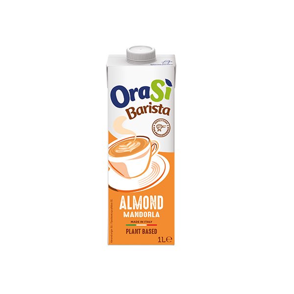 1L-es OraSì Barista Almond növényi ital, narancssárga csomagolás csésze grafikával, olasz termék.