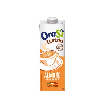 1L-es OraSì Barista Almond növényi ital, narancssárga csomagolás csésze grafikával, olasz termék.