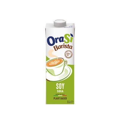 1 literes OraSì Barista szója növényi ital doboz, zöld címkével és tejeskávés csésze grafikával, olasz termék