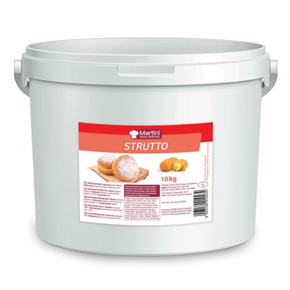 Fehér 10 kg-os vödör Martini Strutto sütőzsír, piros címkén porcukros fánkokkal és süteményekkel.