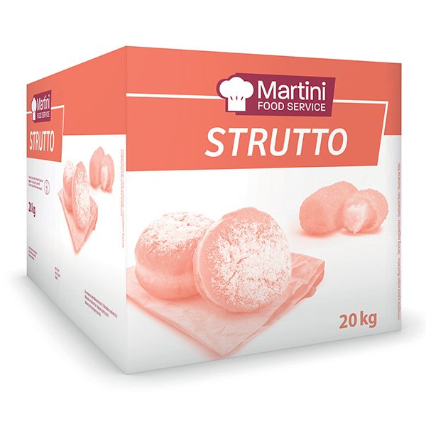 20 kg-os Martini Food Service Strutto doboz porcukros süteményekkel egy vágódeszkán.