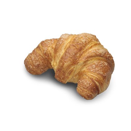 Aranybarna croissant leveles, cukros kéreggel, félhold alakban, fehér háttéren.
