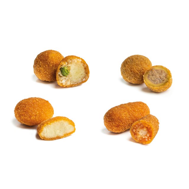 Négy bundázott, sült krokett, egészben és félbevágva, sajtos, húsos és paradicsomszószos töltelékkel.