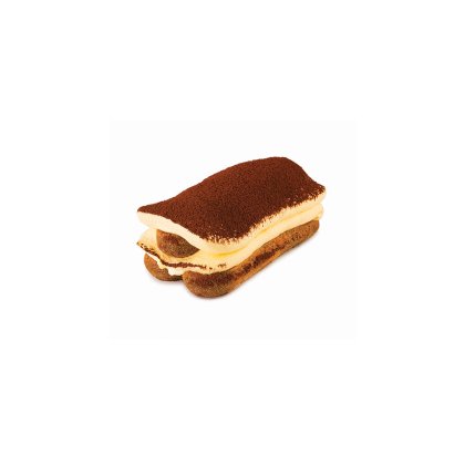 Téglalap alakú tiramisu szelet piskótával és krémmel rétegezve, kakaóporral hintve, fehér alapon