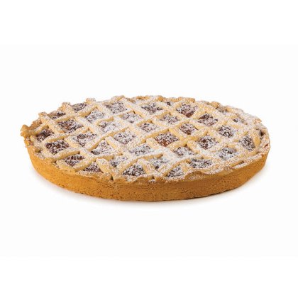 Kerek lekváros pité aranyszínű rácsos tésztával, porcukorral hintve, gyümölcstöltelékkel.
