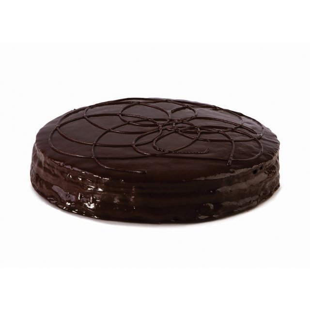 Kör alakú csokoládés bevonatú torta, dekoratív spirálmintával, fehér háttér előtt.