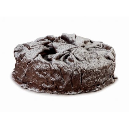 Kerek csokoládétorta ráncos, sötét csokoládé felülettel, bőségesen porcukorral megszórva