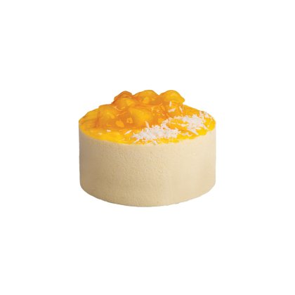 Kerek mangó mousse torta fényes narancssárga gyümölcsbevonattal és kókuszreszelékkel, krémszínű alapon