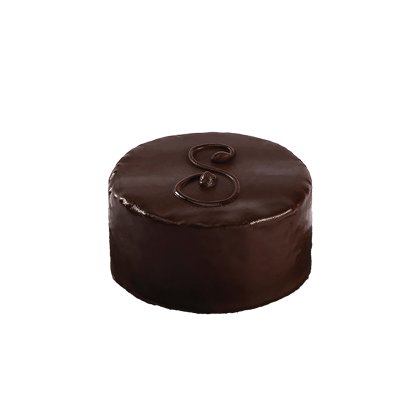 Kör alakú csokitorta fényes ganache bevonattal és dekoratív írott betűvel a tetején, fehér háttér előtt