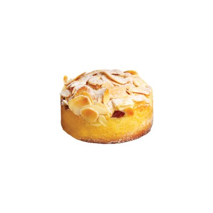 Kerek egyadagos torta mandulaszeletekkel és porcukorral megszórva, fehér háttér előtt.