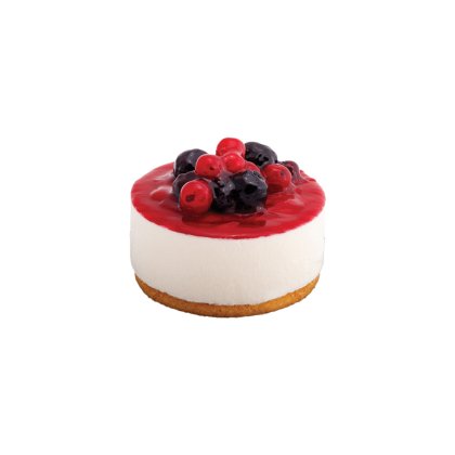 Mini sajttorta piskótaalappal, fehér krémmel, piros bogyós máz alatt, áfonyával és díszítéssel
