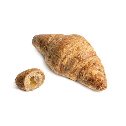 Aranybarna, leveles croissant levágott véggel, mely felfedi puha, töltött belsejét