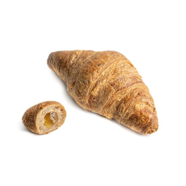 Aranybarna, leveles croissant levágott véggel, mely felfedi puha, töltött belsejét