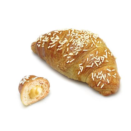 Aranybarna croissant fehér cukordarával, kisebb szelet felvágva krémes vaníliás töltelékkel.