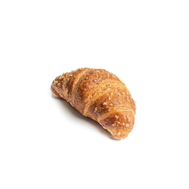 Aranybarna, íves croissant durva cukorszemcsékkel, fehér háttéren.