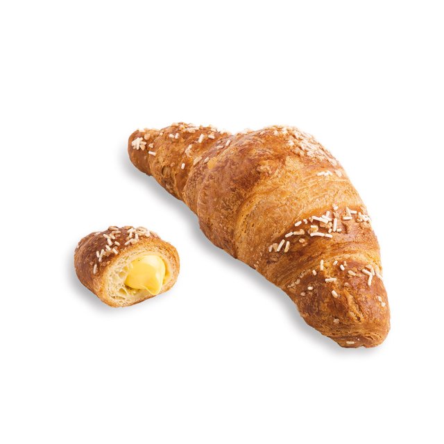 Aranybarna croissant fehér cukorszórással, mellette felvágott darab krémes sárga töltelékkel.