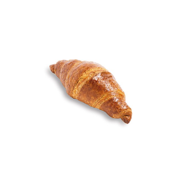 Aranybarna croissant fényes, leveles héjjal, fehér háttér előtt.