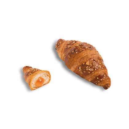 Egész, magvakkal és dióval díszített croissant egy félbevágott, narancssárga gyümölcstöltelékű mellett