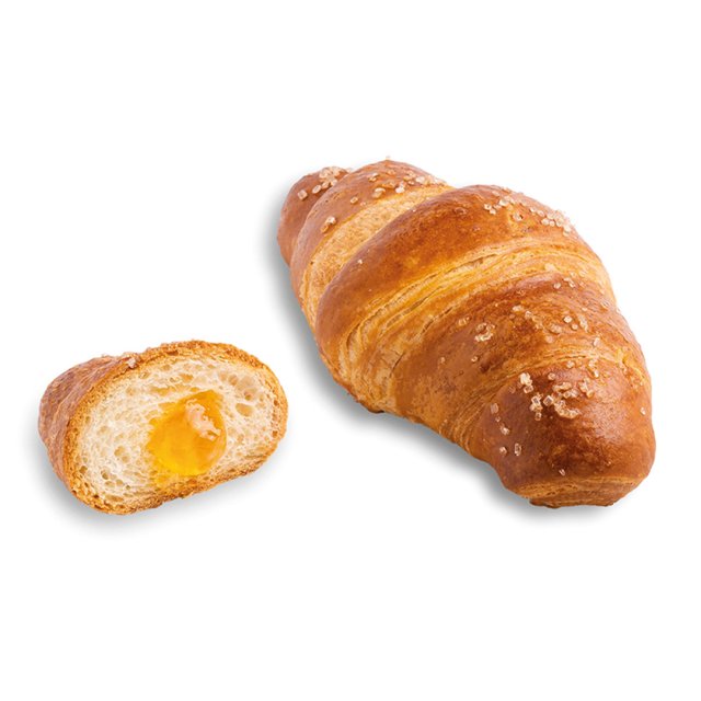 Aranybarna perec croissant durva cukorral, egészben és felvágva, sárgabaraklekvár-töltelékkel.