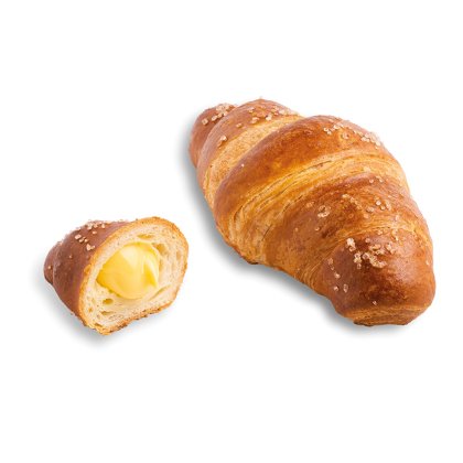 Aranybarna perec croissant durva sóval, egészben és felvágva krémes vajtöltelékkel.