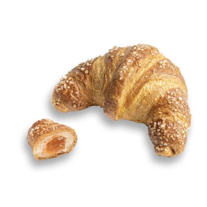 Aranybarna croissant durva cukorral bevonva, kisebb darabja felvágva, sárgabaracktöltelékkel.