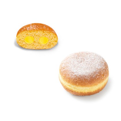 Porcukorral hintett egész fánk egy keresztmetszet mellett, két zsebnyi sárga krémtöltelékkel.