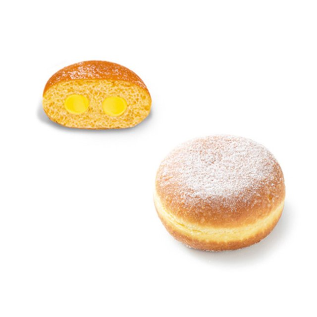 Porcukorral hintett egész fánk egy keresztmetszet mellett, két zsebnyi sárga krémtöltelékkel.