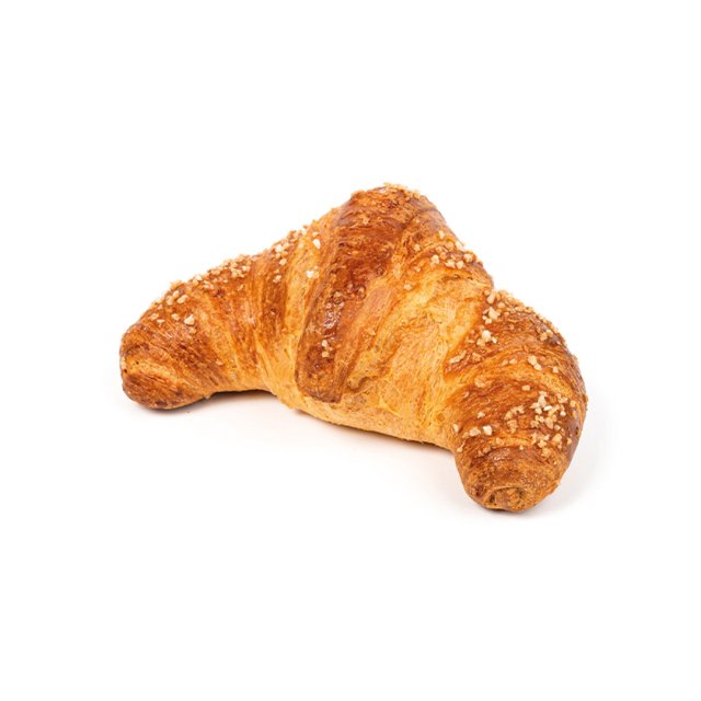 Aranybarna croissant ropogós cukorkristály-bevonattal, íves forma, fehér háttéren