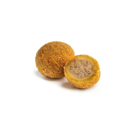 Két bundázott, sült krokett, egy egészben és egy félbevágva, krémes húsos töltelékkel.
