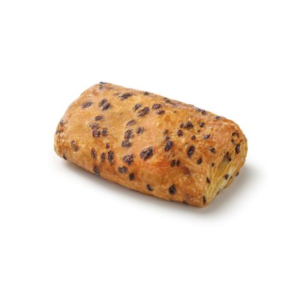 Aranybarna mazsolás tekercs, ropogós, leveles kéreggel, fehér háttér előtt.