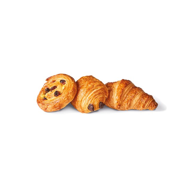 Három aranybarna sütemény fehér alapon: mazsolás csiga, csokis rúd és egyszerű croissant.