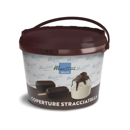 Barna műanyag vödör Martini Gelato csokoládébevonattal, "Coperture Stracciatella" felirattal, csokoládéba mártott sze...