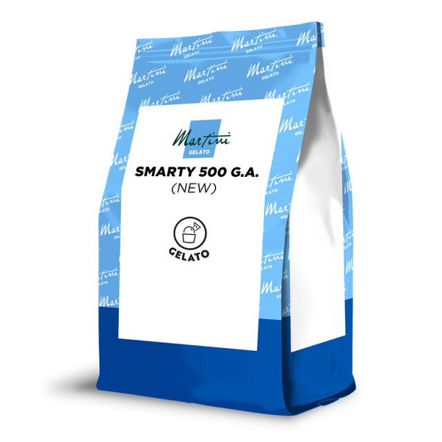Kék-fehér állótasak Martini Gelato Smarty 500 G.A. (Új) felirattal, fagylalt csomagolás.