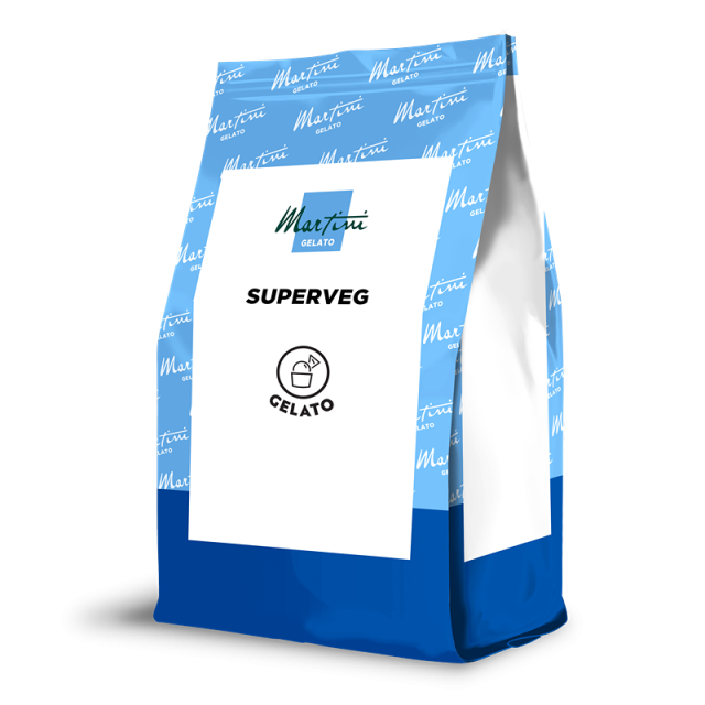 Kék-fehér zacskó "Martini Gelato Superveg" felirattal és fagylaltgombóc ikonnal.
