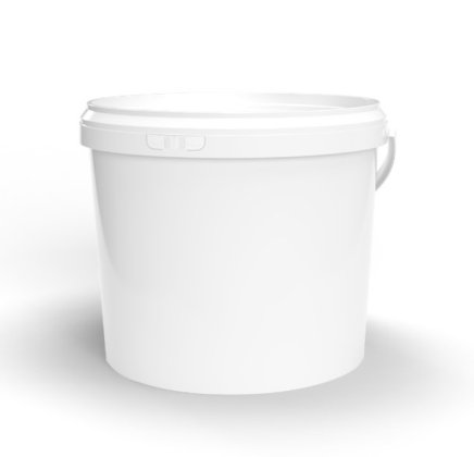 Fehér műanyag vödör patentzáras fedéllel és oldalsó fogantyúval, fehér háttér előtt.