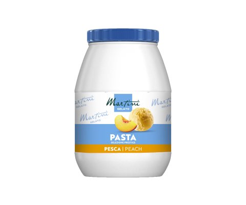 Fehér műanyag edény kék fedéllel, "Martini Gelato Pasta Selezione Prestige, Pesca/Peach" felirattal, őszibarackkal és...