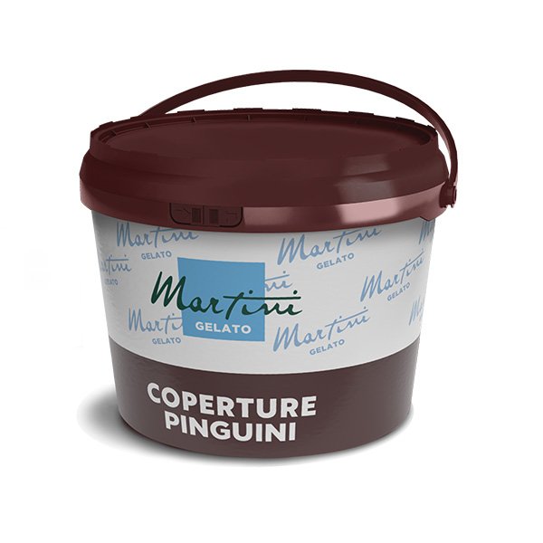 Sötétbarna műanyag vödör fogantyúval, Martini Gelato Coperture Pinguini felirattal, csokoládébevonó termék.